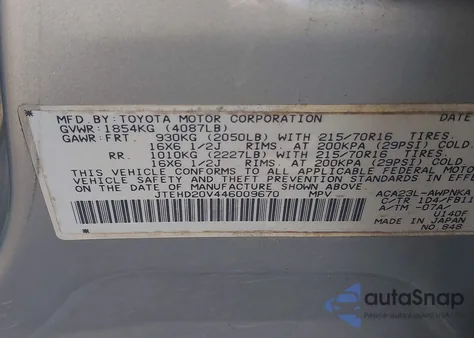 2004 Toyota Rav4 из США, поврежденный, VIN JTEHD20V446009670